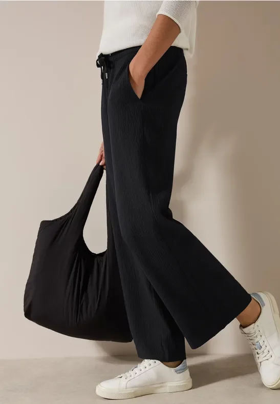 Thumbnail - Cecil Damen Wide Leg Strukturhose in Schwarz, Gr: XL