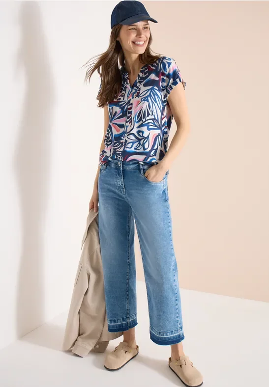 Cecil Damen T-Shirt mit Split Neck und Grafikprint in Blau, Gr: L