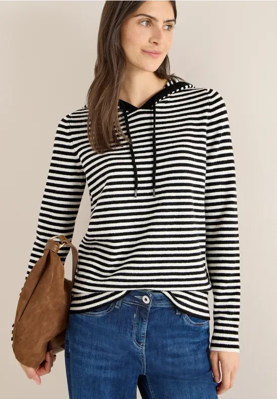 Cecil Damen Gestreifter Kapuzenpullover in Schwarz, Gr: XXL