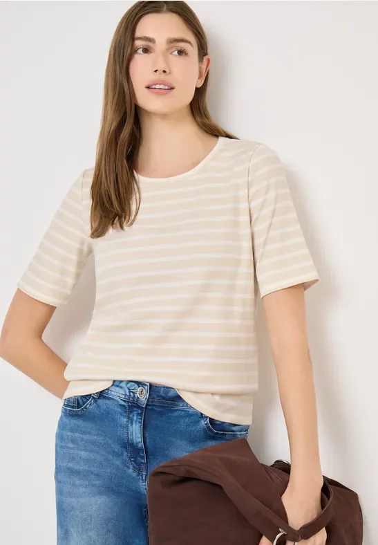Cecil Damen T-Shirt mit Rundhals und Streifen in Beige, Gr: L