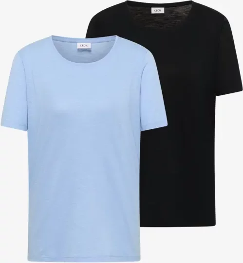 Cecil Damen Basic T-Shirt mit Rundhals im 2er-Pack in Multicolour|Blau, Gr: L