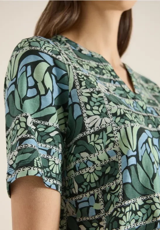 Cecil Damen Kurzarm Shirt mit Split Neck und Print in Grün, Gr: XXL