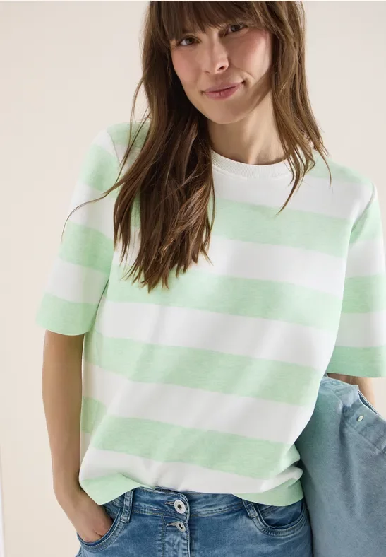 Cecil Damen Kurzarm Sweatshirt mit Streifen in Grün, Gr: XXL