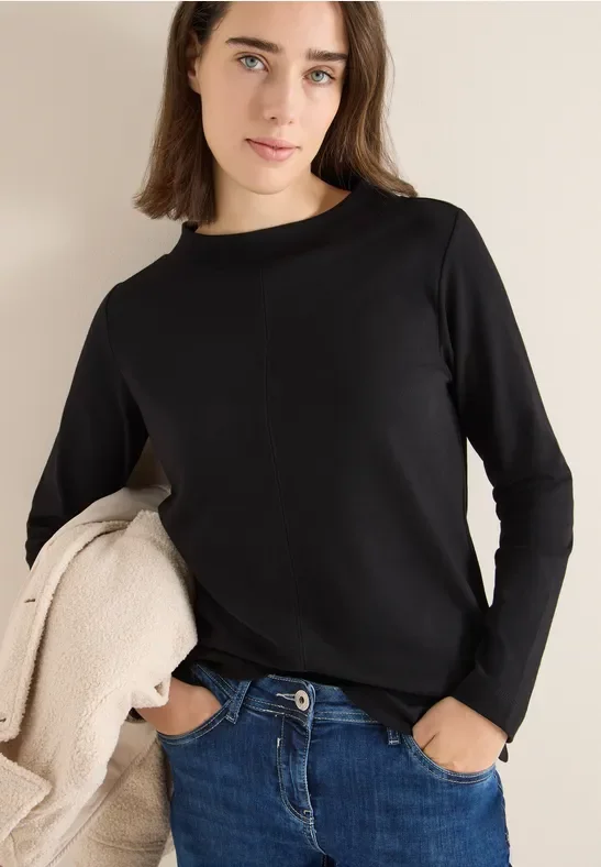 Cecil Damen Funnelneck Shirt in Unifarbe in Schwarz, Gr: XXL
