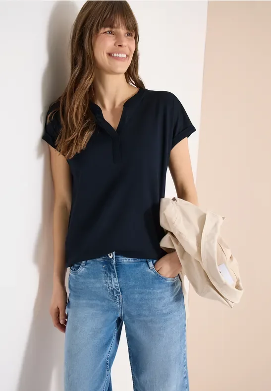 Cecil Damen Shirt mit Split Neck im Tunika-Look in Blau, Gr: XL