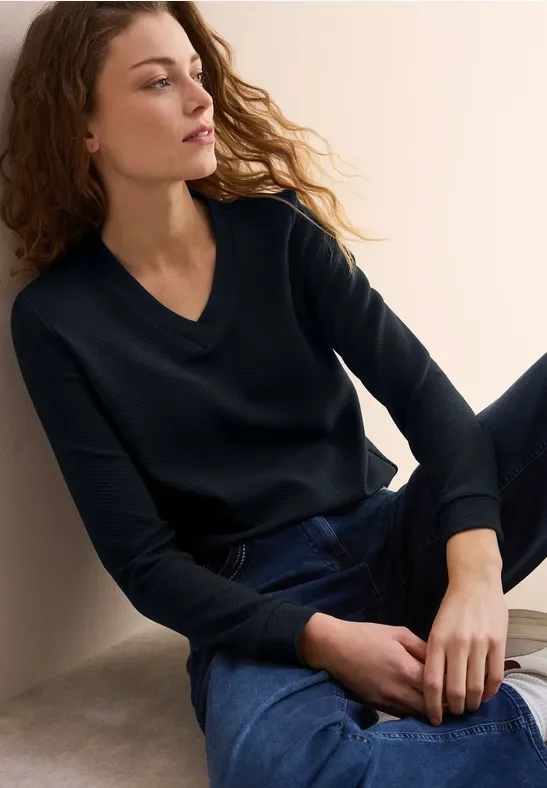 Thumbnail - Cecil Damen Shirt mit V-Neck in Blau, Gr: XS