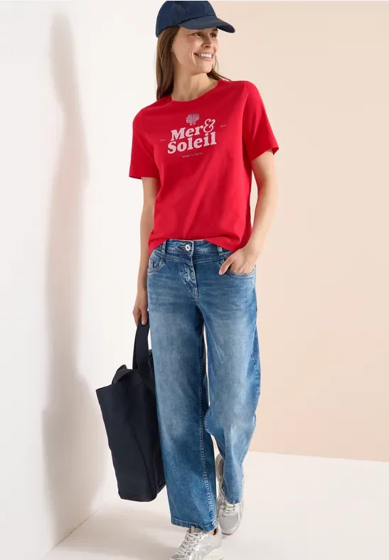 Cecil Damen T-Shirt mit Rundhals und Wording in Rot, Gr: L