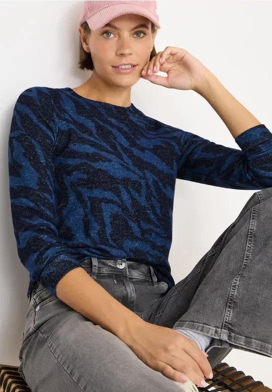 Cecil Damen Gemustertes Melange Shirt in Blau, Gr: L