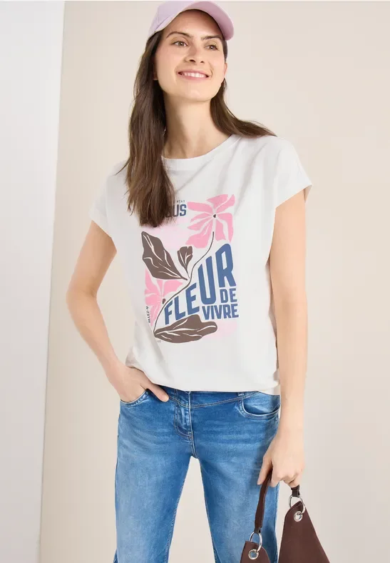 Cecil Damen T-Shirt mit Boatneck und Frontprint in Weiß, Gr: L