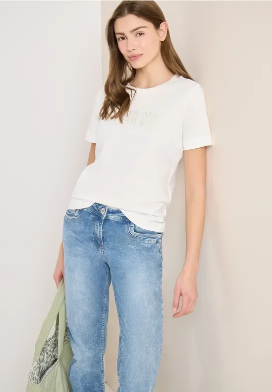 Cecil Damen Basic T-Shirt mit Rundhals und Frontprint in Weiß, Gr: XXL