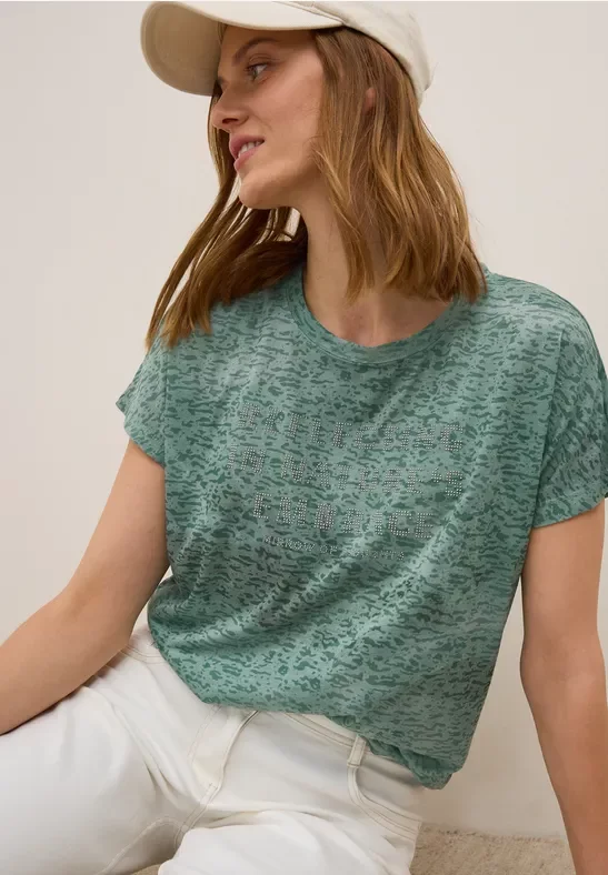 Cecil Damen Ausbrenner Wording Shirt in Grün, Gr: S