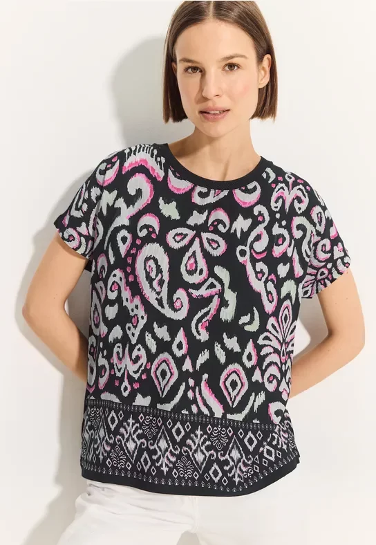 Cecil Damen T-Shirt mit Materialmix in Schwarz, Gr: XS