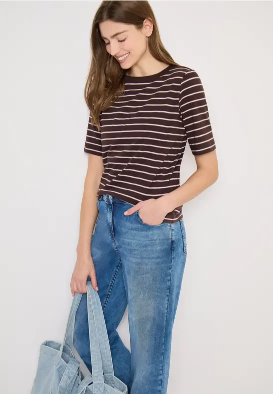 Thumbnail - Cecil Damen T-Shirt mit Boatneck und Streifen in Braun, Gr: M