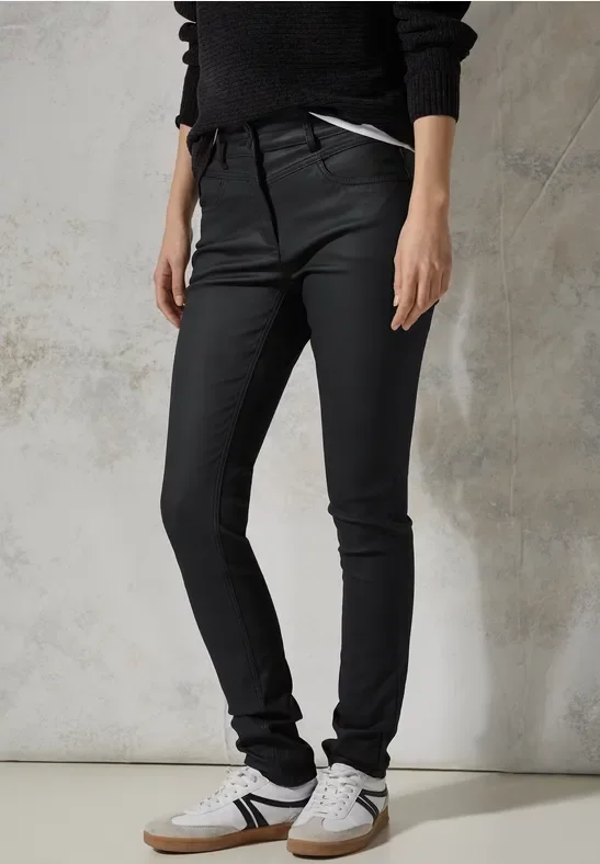 Thumbnail - Cecil Damen Beschichtete Hose in Schwarz, Gr: 34