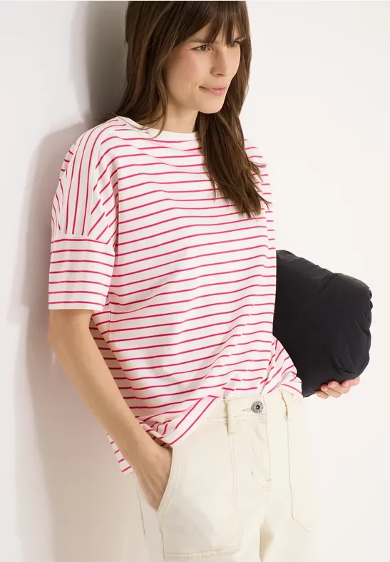 Cecil Damen T-Shirt mit Boatneck und Streifen in Pink, Gr: L
