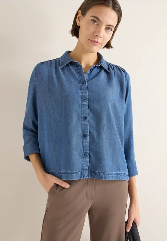 Cecil Damen Lyocellbluse mit Smockdetail in Blau, Gr: XXL
