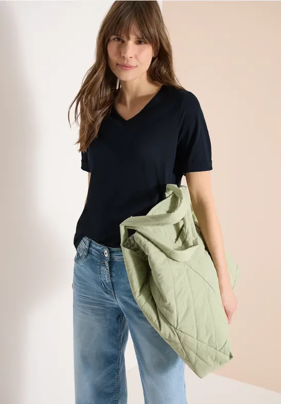 Cecil Damen Basic T-Shirt mit V-Neck in Blau, Gr: 3XL