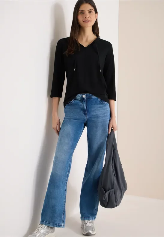 Cecil Damen 3/4-Arm Shirt mit Split Neck in Schwarz, Gr: XL