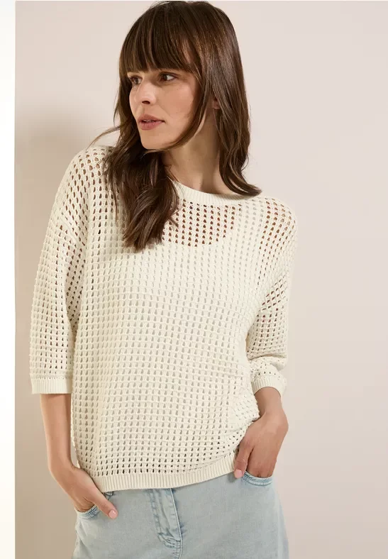 Cecil Damen Pullover im Häkel-Optik in Weiß, Gr: XS