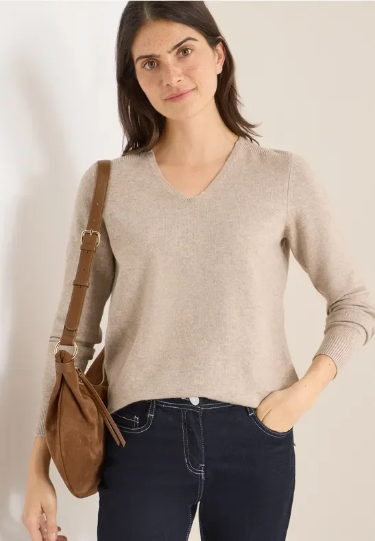 Cecil Damen Kuscheliger V-Neck Pullover in Beige, Gr: L