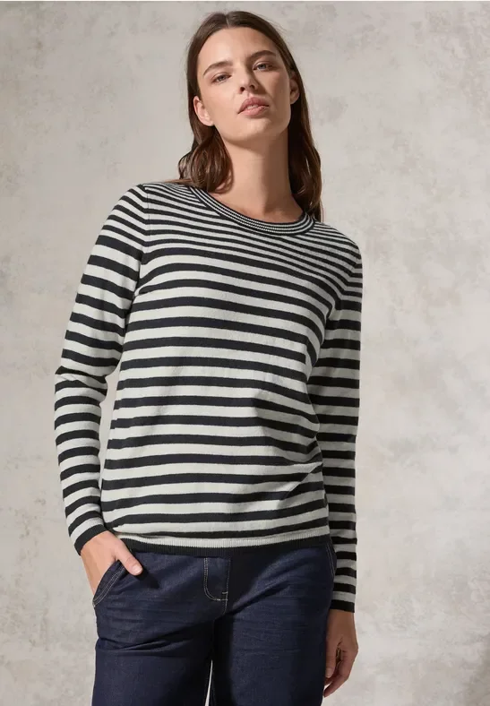 Thumbnail - Cecil Damen Softer Streifenpullover in Blau, Gr: XXL