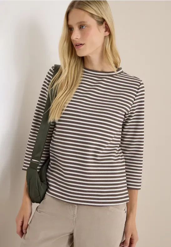 Thumbnail - Cecil Damen Gestreiftes Strukturshirt in Braun, Gr: XS