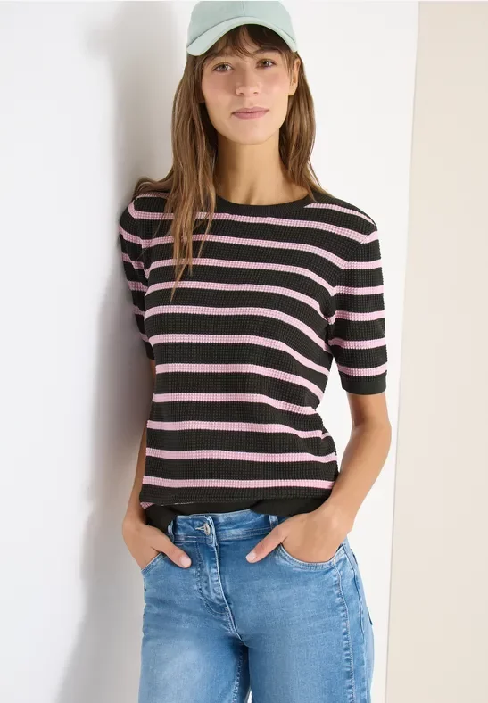 Cecil Damen Kurzarm Pullover mit Struktur und Streifen in Grün, Gr: XXL