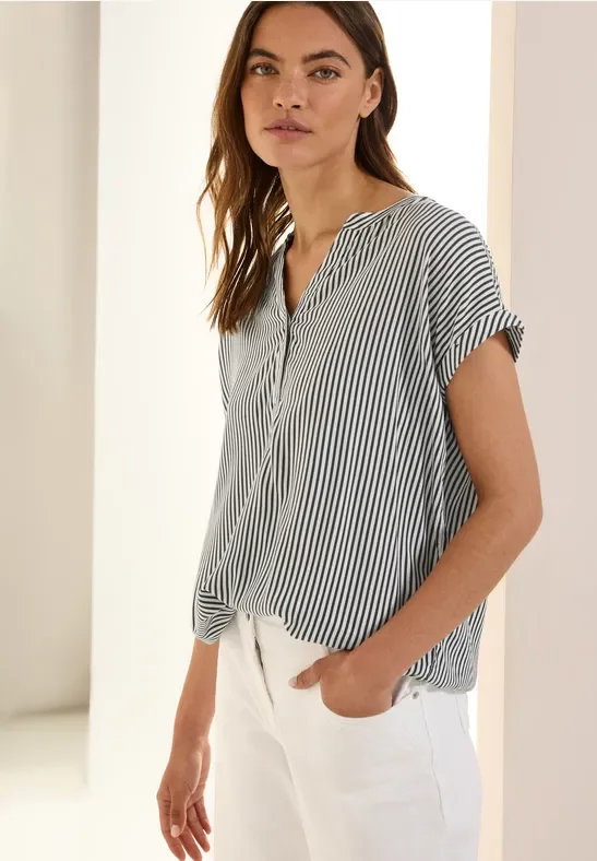 Cecil Damen Gestreifte Kurzarmbluse in Grau, Gr: XS