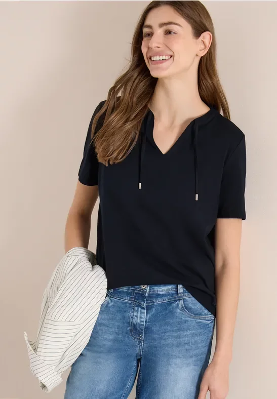 Cecil Damen Kurzarm Shirt mit Split Neck in Blau, Gr: XS