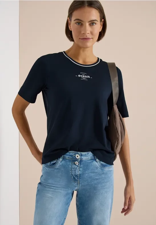 Cecil Damen T-Shirt mit Rippdetails in Blau, Gr: XS