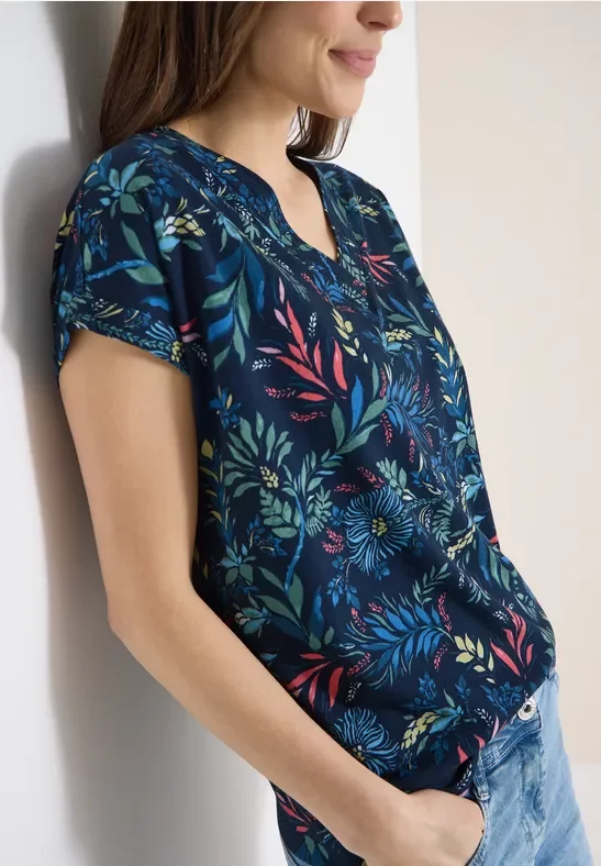 Cecil Damen Shirt mit V-Neck und floralem Print in Blau, Gr: M