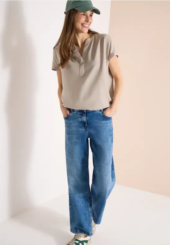 Cecil Damen Kurzarm Bluse mit Split Neck in Beige, Gr: 3XL