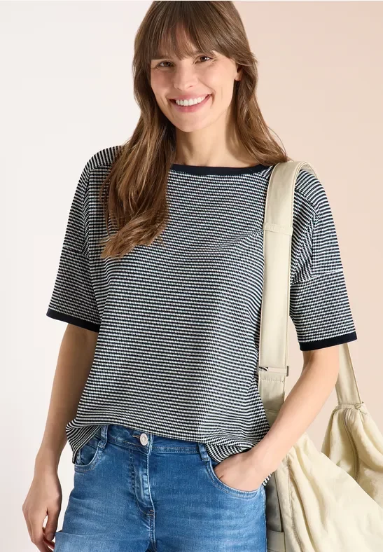 Cecil Damen Shirt mit Boatneck und Struktur in Blau, Gr: XS