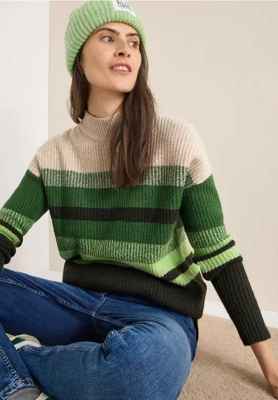 Cecil Damen Gestreifter Mouliné Pullover in Grün, Gr: S