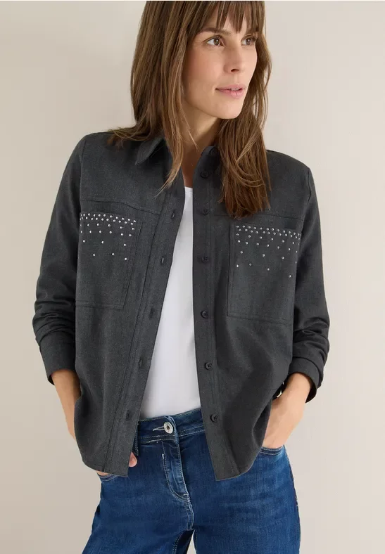 Cecil Damen Flanellbluse mit Nieten in Grau, Gr: XL