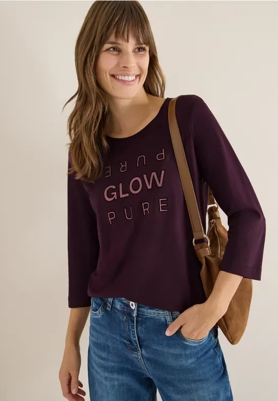 Thumbnail - Cecil Damen Shirt mit Glitzer-Wording in Rot, Gr: XS