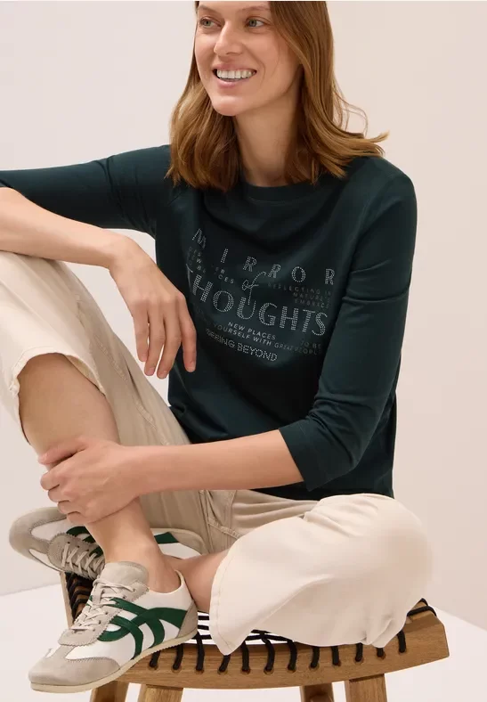 Thumbnail - Cecil Damen Softes Shirt mit Wording in Grün, Gr: XS