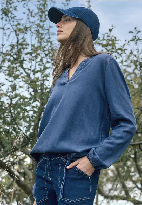 Cecil Damen Bluse mit Elastiksaum in Blau, Gr: S