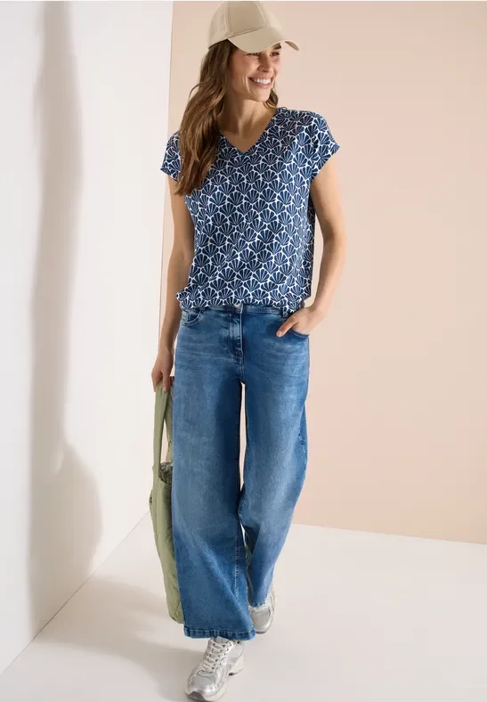 Cecil Damen T-Shirt mit V-Neck und Muschelprint in Blau, Gr: XXL