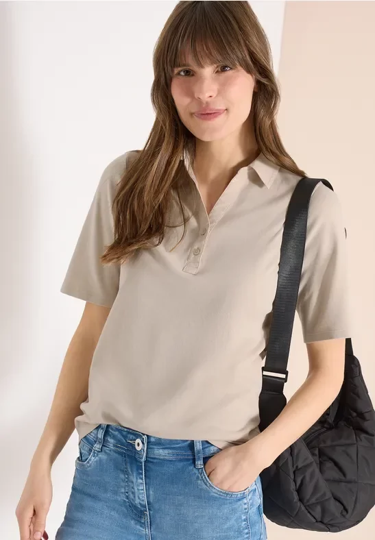 Cecil Damen Basic Poloshirt mit Kurzarm in Beige, Gr: XL