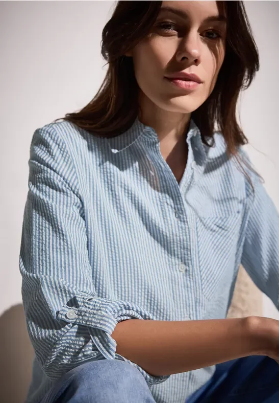 Cecil Damen Gestreifte Seersucker Bluse in Blau, Gr: XXL