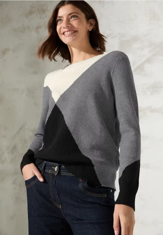 Cecil Damen Colorblock Pullover in Grau, Gr: M