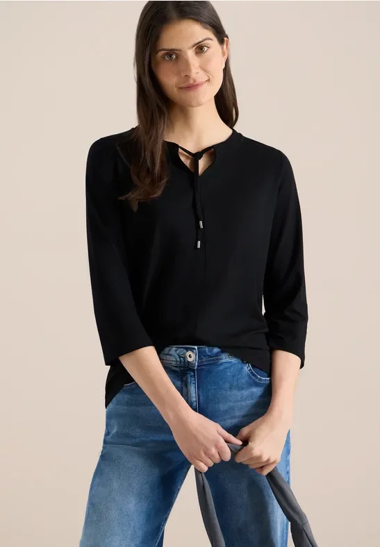 Cecil Damen 3/4-Arm Shirt mit Split Neck in Schwarz, Gr: XXL