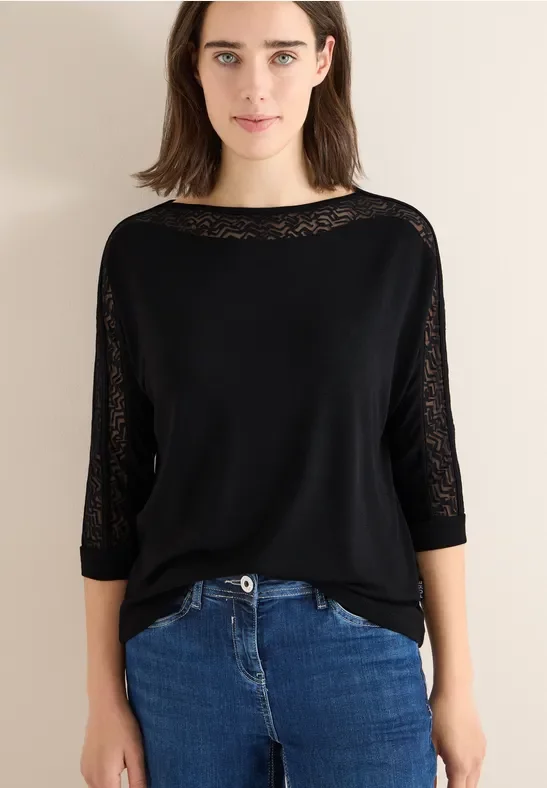 Cecil Damen Batwing Shirt mit Mesh in Schwarz, Gr: S