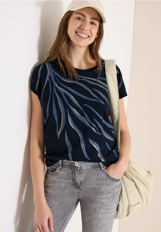 Cecil Damen Shirt mit Rundhals und Frontprint in Blau, Gr: XXL