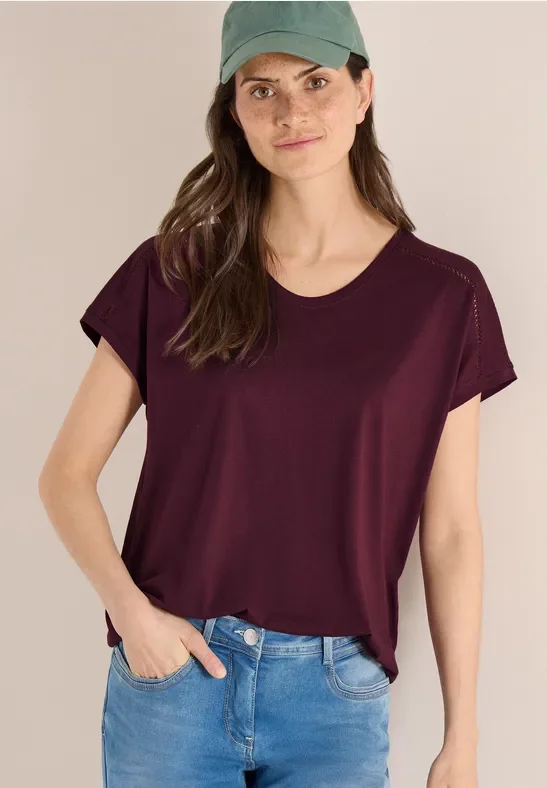 Cecil Damen T-Shirt mit V-Neck und Spitzendetail in Rot, Gr: XL
