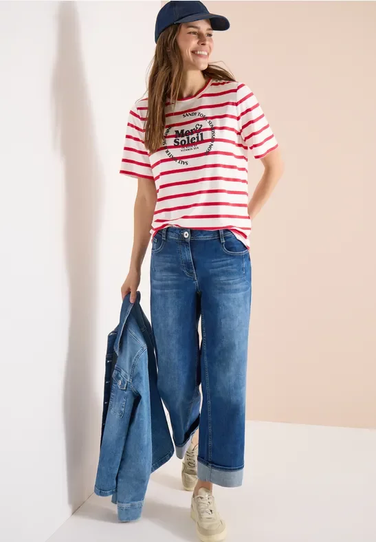 Cecil Damen Kurzarm Shirt mit Rundhals und Streifen in Rot, Gr: XS