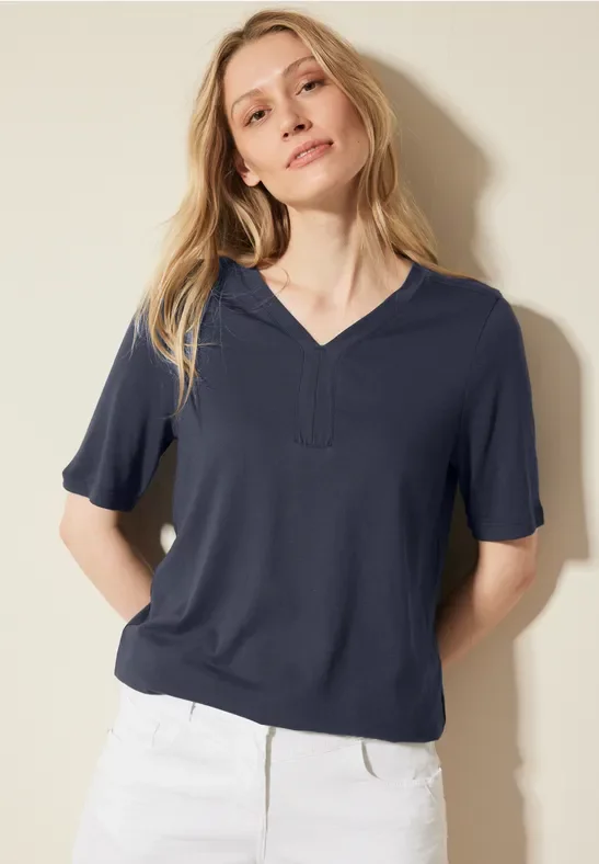Thumbnail - Cecil Damen Tunika T-Shirt in Unifarbe in Blau, Gr: XS