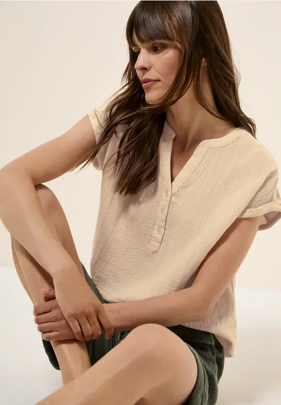 Cecil Damen Musselin Kurzarmbluse in Beige, Gr: XXL