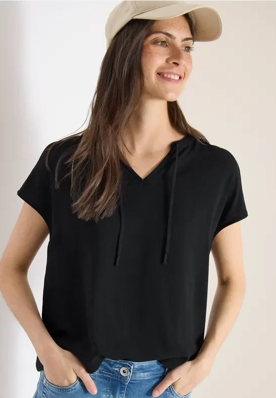 Cecil Damen Kurzarm Bluse mit Strukturmix in Schwarz, Gr: M